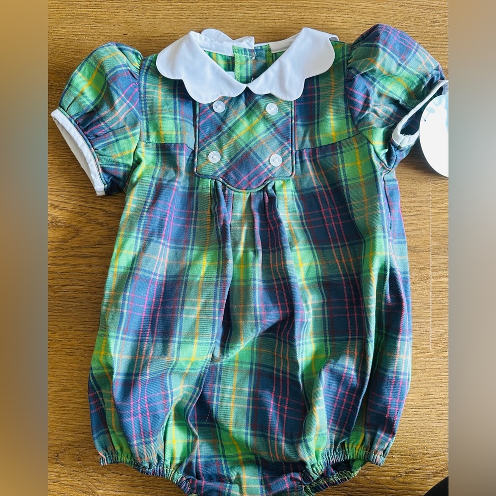 SOLD ON MERCARI  || Little English Tartan Scalloped Bubble Plaid Baby Romper 12M